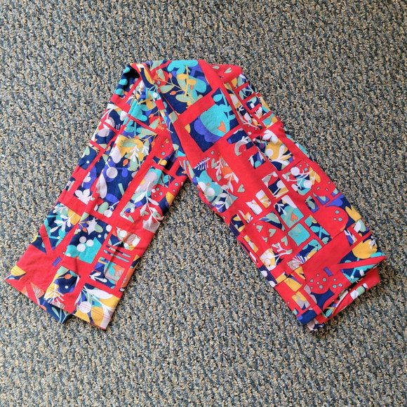 OS LuLaRoe Soft Stretchy Leggings Red Blue Floral Print - Picture 3 of 9